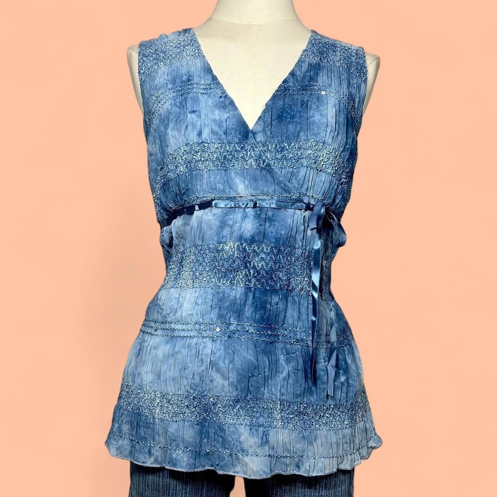 CATO Blue Tie Dye Fairy Babydoll Top Sequin Lace Embroidered Womens L